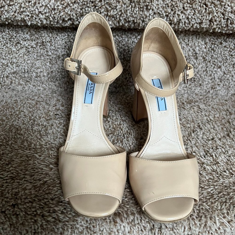 Prada Women's Cream Patent Leather Strap Shoes. - Picture 4 of 13
